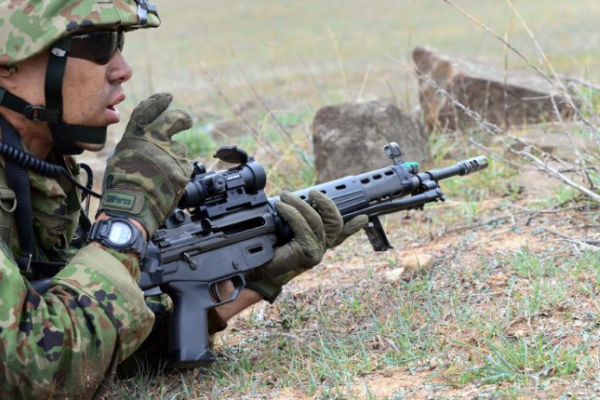 A Japanese soldier takes part in a 2014 joint military exercise with US Marines at Camp Pendleton in southern California