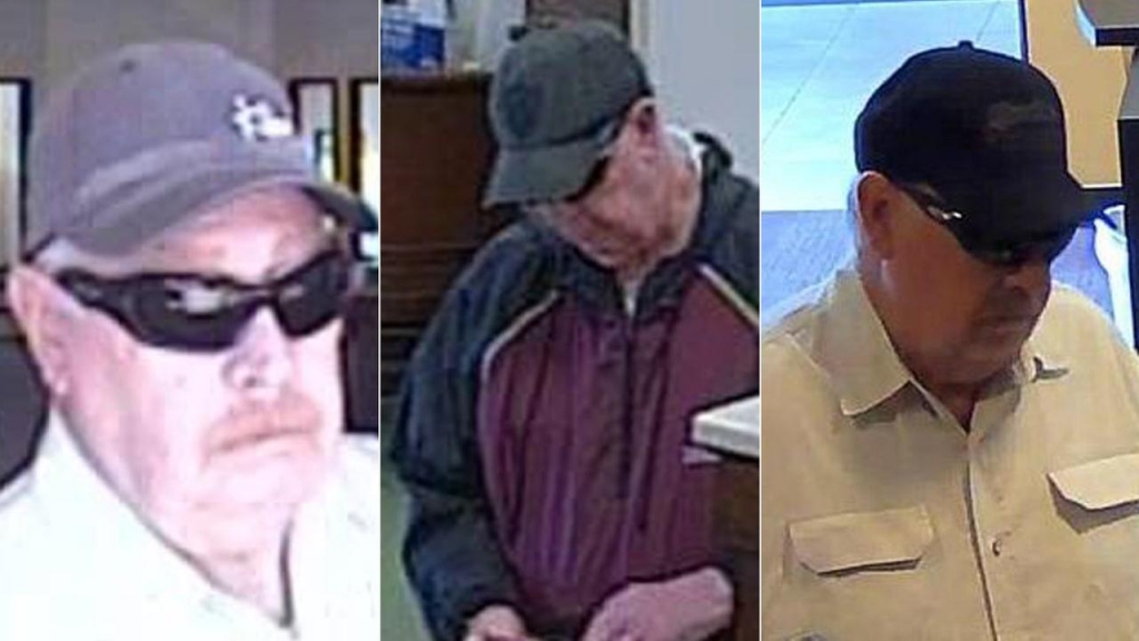 A bank robbery suspect dubbed the Snowbird Bandit is shown in various surveillance images provided by the FBI