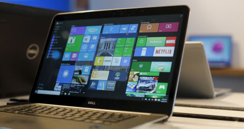 A laptop computer featuring Windows 10 is displayed at Microsoft Build in San Francisco California