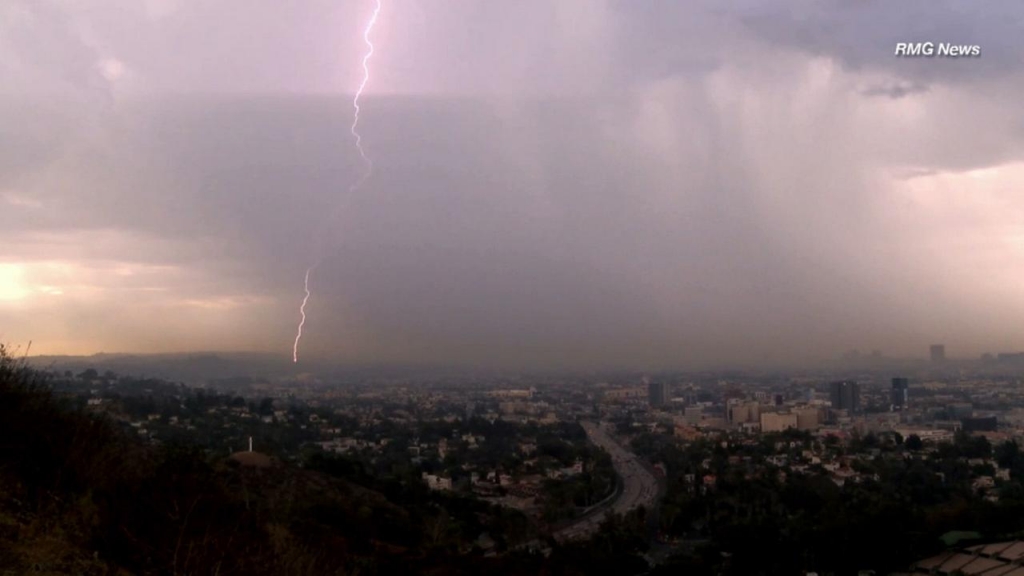 A lightning strike over Los Angeles is caught in