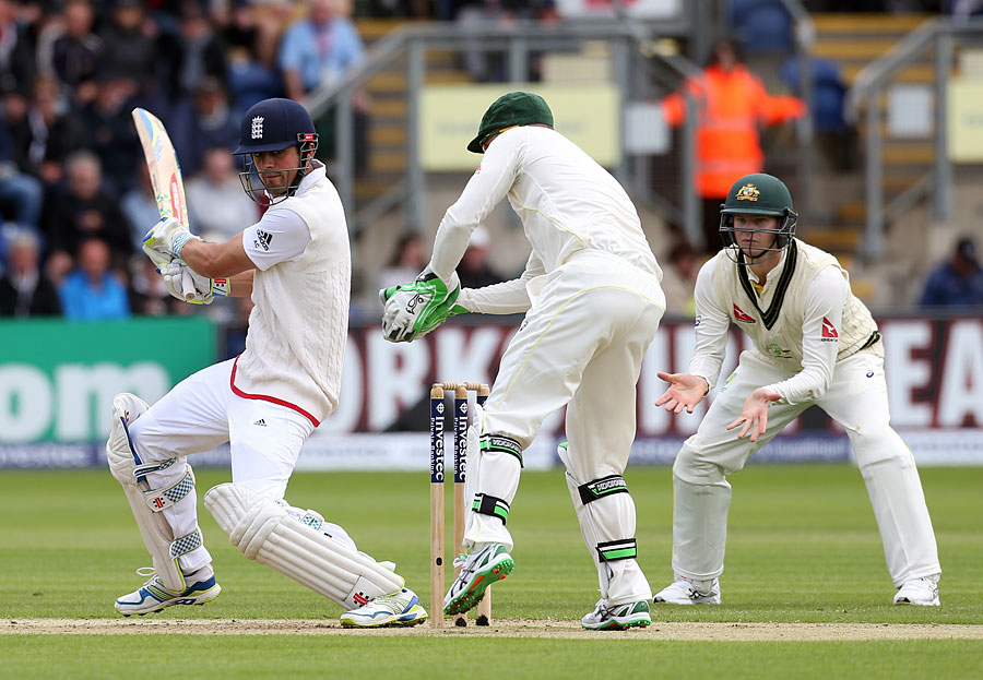 Alastair Cook was caught behind trying to cut Nathan Lyon