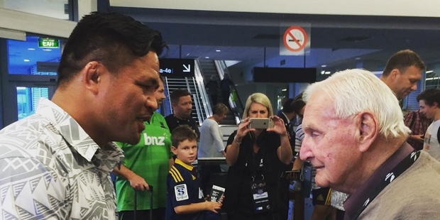 All Black hooker Keven Mealamu sports his elei while meeting Jock Burney 85 at Auckland Airport yesterday