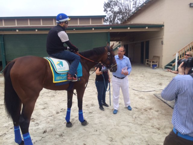 American Pharoah next will race in the $1 million Haskell Invitational at Monmouth Park in New Jersey the home state of Ahmed Zayat and his faimly. They were at Del Mar Thursday to see their Triple Crown winner work six furlongs