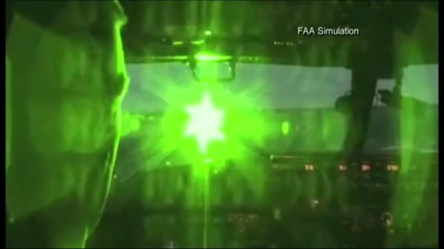 An FAA simulation of a green laser pointed at an airplane cockpit