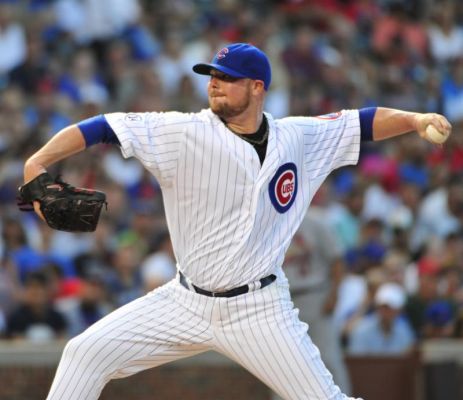 Chicago Cubs starting pitcher Jon Lester throws against