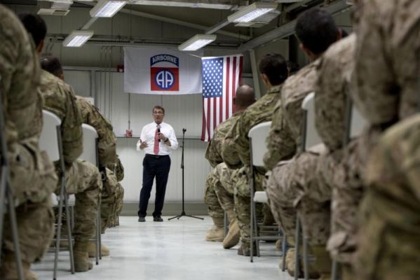 U.S. Defense Secretary Ash Carter talks to troops