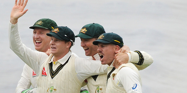 Australia's Brad Haddin left Steve Smith 2nd left Michael Clarke and David Warner right celebrates the wicket of England's Adam Lyth