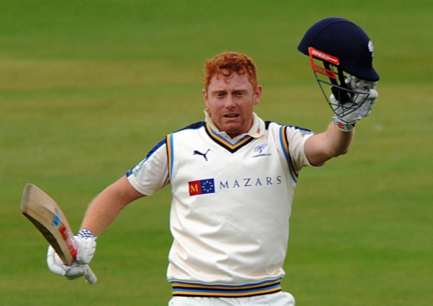 Jonny Bairstow celebrates his 100 not out and reaching 7,000 runs at Scarborough on Sunday