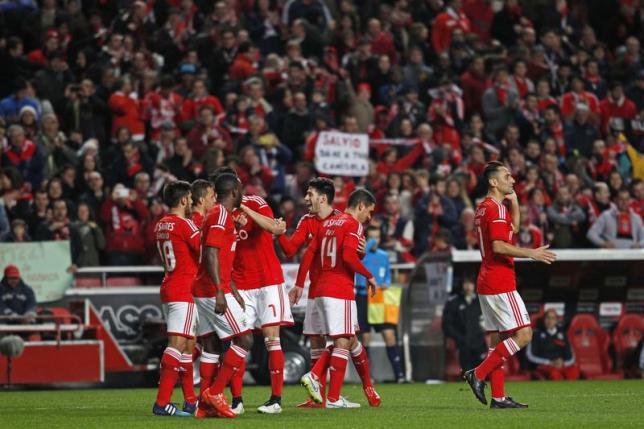 Benfica's players celebrate during a Portuguese League match at Luz stadium in February