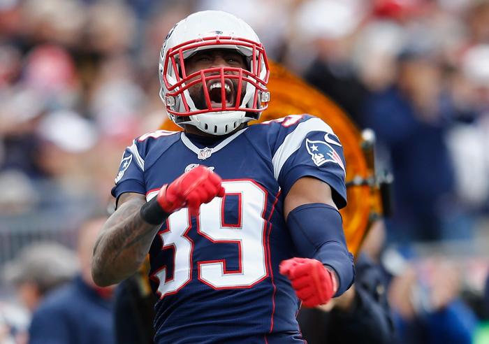 FOXBORO MA- OCTOBER 26 Brandon Browner #39 of the New England Patriots reacts during the third quarter against the Chicago Bears at Gillette Stadium