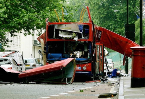 The wreckage of a bus in Tavistock Square