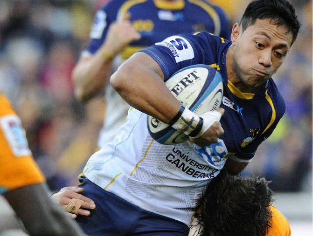 Brumbies centre Christian Lealiifano tears into the Cheetahs defence at Canberra Stadium yesterday