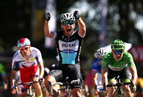 FOUGERES FRANCE- JULY 10 Mark Cavendish of Great Britain and Etixx Quick Step celebrates his victory following the sprint finish during stage seven of the 2015 Tour de France a 190.5km stage between Livarot and Fougeres