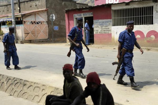 Policemen patrol the Musaga district of Bujumbura Burundi