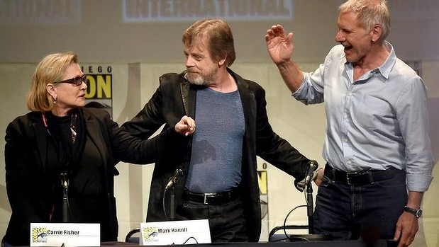 Carrie Fisher Mark Hamill and Harrison Ford appear at Comic Con International in San Diego