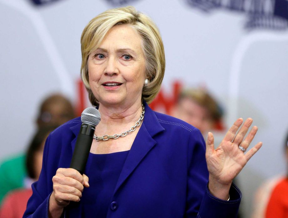 Democratic presidential candidate Hillary Rodham Clinton speaks during a campaign stop at the Iowa City Public Library Tuesday