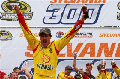 Joey Logano celebrates his second career Sprint Cup Series victory at New Hampshire Motor Speedway last September