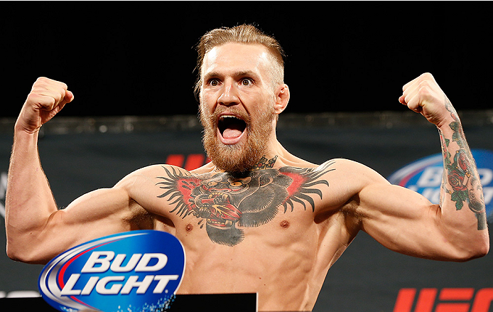 LAS VEGAS NV- SEPT. 26 Conor Mc Gregor of Ireland poses on the scale after weighing in during the UFC 178 weigh-in at the MGM Grand Conference Center