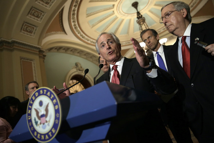 MARCH 03 Sen. Bob Corker , chairman of the Senate Foreign Relations Committee answers questions at a press conference following the weekly policy luncheon of the Republican caucus at the U.S. Capitol