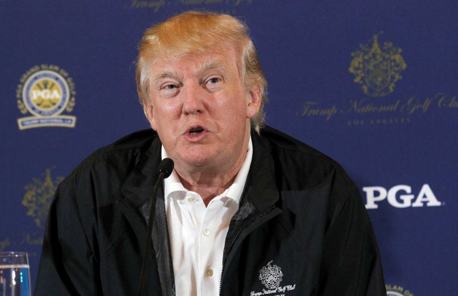 Donald Trump speaks during a news conference in Rancho Palos Verdes Calif. The PGA of America is moving its Grand Slam of Golf from Donald Trump's golf course in Los Angeles. Trump says he met with the PGA of Am