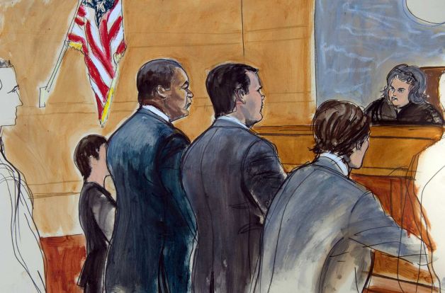 In this courtroom drawing former FIFA official Jeffrey Webb left appears before United States Magistrate Judge Vera M. Scanlon right for arraignment on racketeering and bribery charges Saturday