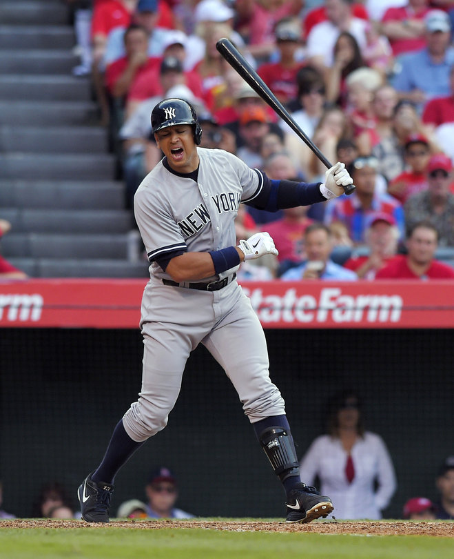 New York Yankees Alex Rodriguez strikes out during the seventh inning of a baseball game against the Los Angeles Angels Wednesday