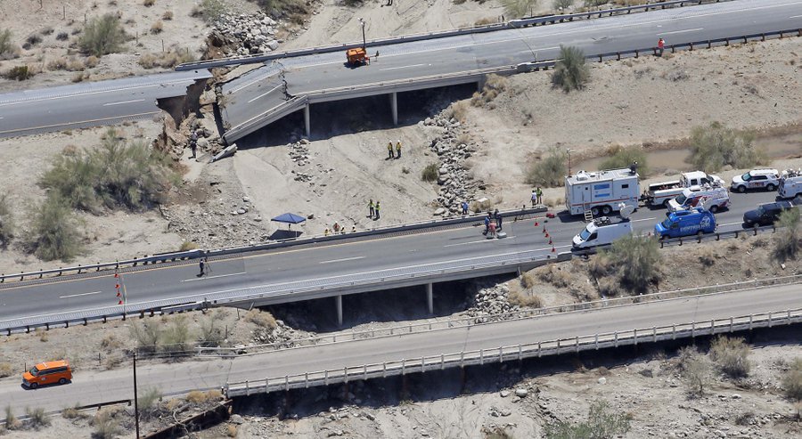 Desert Center Calif. All traffic along one of the major highways connecting California and Arizona was blocked indefinitely when the bridge over a desert