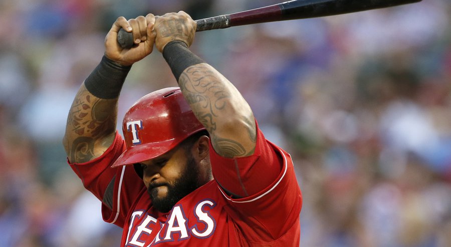 Texas Rangers&#39 Prince Fielder lifts his bat over his head after flying out to right off of a pitch from Arizona Diamondbacks&#39 Robbie Ray during the fourth inning of a baseball game Tuesday