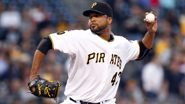 PITTSBURGH PA- SEPTEMBER 17 Francisco Liriano #47 of the Pittsburgh Pirates pitches in the first inning against the Boston Red Sox during inter-league play at PNC Park