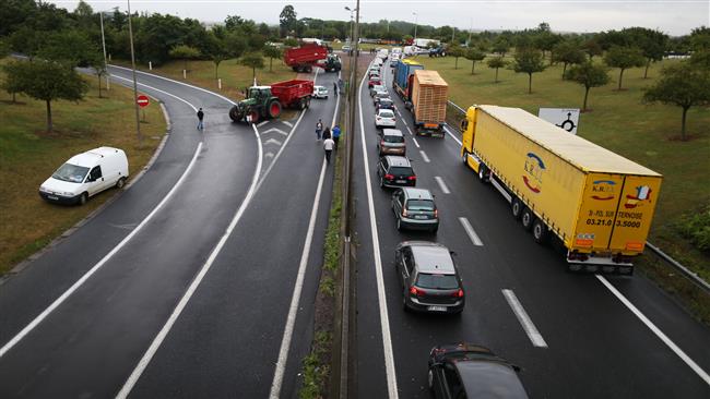 20 2015 shows a group of French farmers blocking the A84 road near the city of Caen