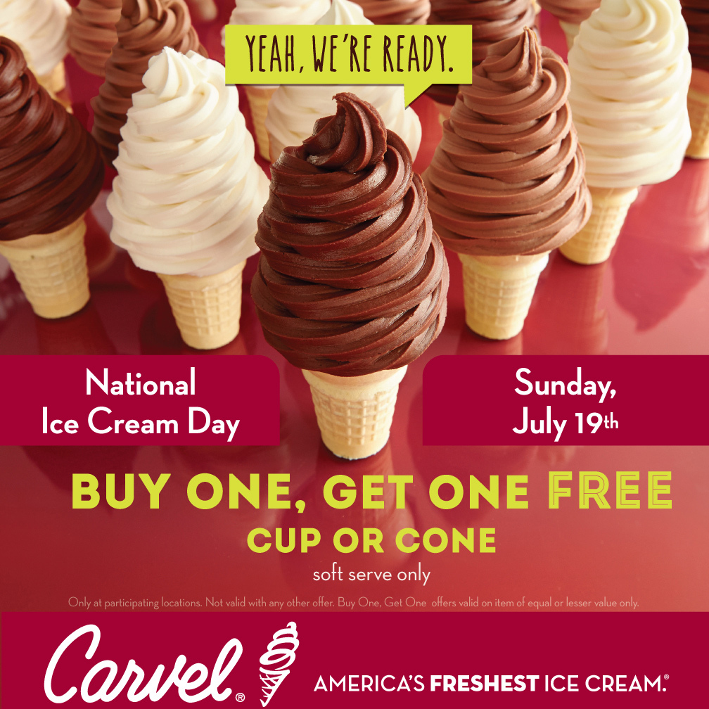 On Sunday July 19 Carvel is celebrating National Ice Cream Day by treating guests to a buy one get one free offer on any size any flavor soft-serve cones all day long