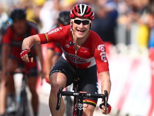 Germany's Andre Greipel celebrates as he crosses the finish line to win the second stage of the Tour de France