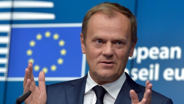 European Council President Donald Tusk holds a news conference at the European Council headquarters after a European Union leaders summit in Brussels Belgium