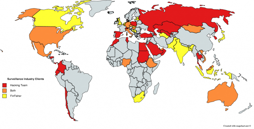 Hacking Team and Fin Spy Clients- map created using