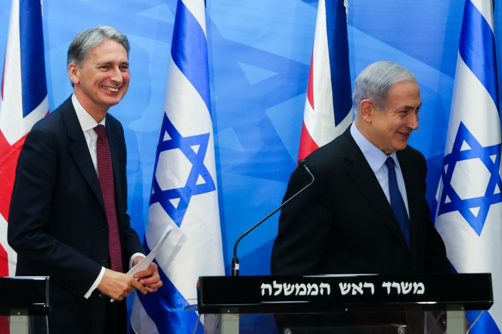 Prime Minister Benjamin Netanyahu with British Foreign Secretary Philip Hammond during a joint press conference at Netanyahu's office in Jerusalem