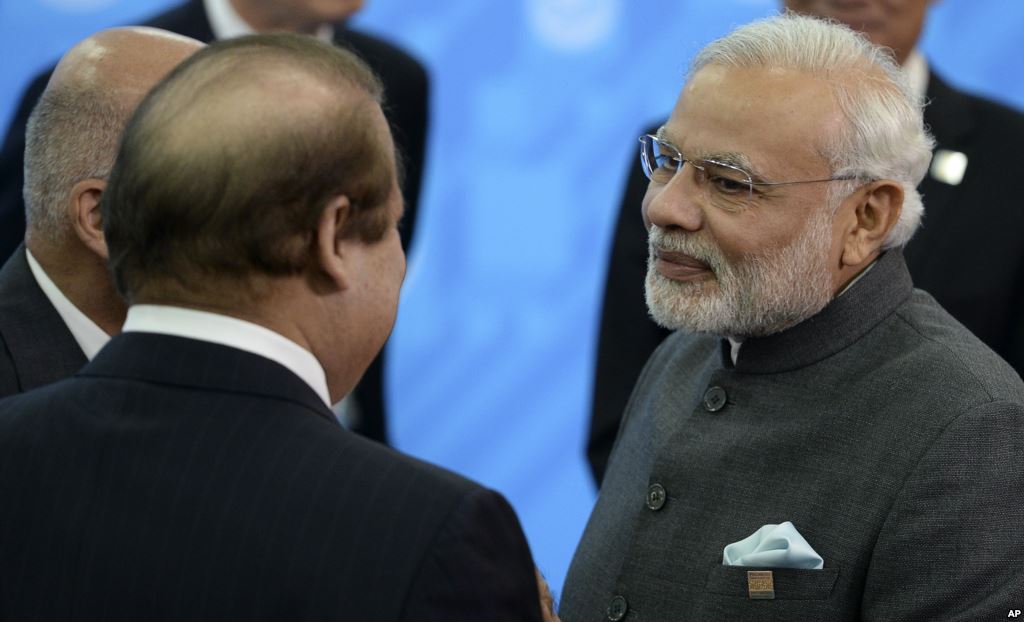 Indian Prime Minister Narendra Modi meets Pakistani Prime Minister Nawaz Sharif on the sidelines of the SCO Summit