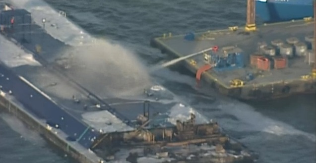 The barge burst into flames after a collision with six other vessels