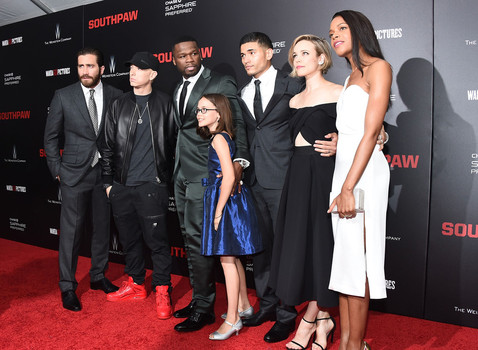 Jake Gyllenhaal Eminem Curtis Jackson Oona Laurence Miguel Gomez Rachel Mc Adams and Naomie Harris attend the New York premiere of 'Southpaw&#039 for THE WRAP at AMC Loews Lincoln Square