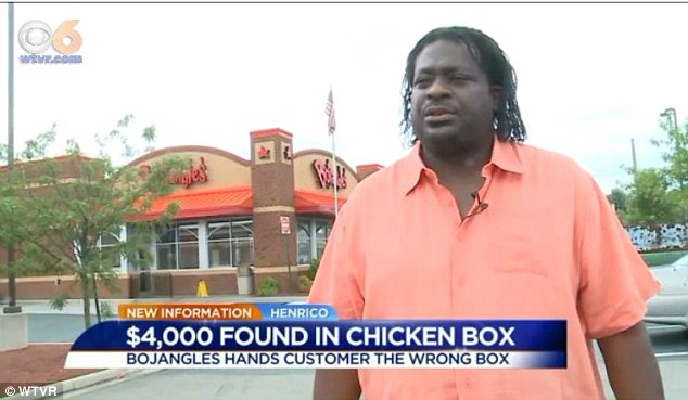 James Minor of Henrico County Virginia found roughly $4,500 in cash in his box of fried chicken during a visit to a Bojangles drive thru