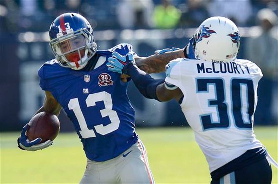 New York Giants wide receiver Odell Beckham Jr. tries to get past Tennessee Titans cornerback Jason Mc Courty in the first half of an NFL football game in Nashville Tenn. In just 12 games Beckham