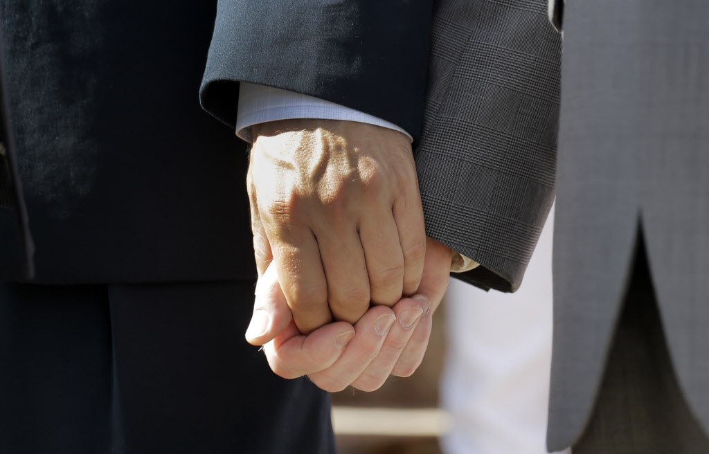 Texas marriage plaintiffs Vic Holmes left and partner Mark Phariss right hold hands on the steps of the Texas Capitol during a news conference on June 29