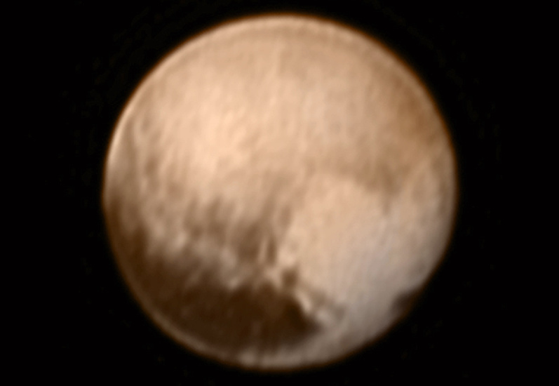 This image of Pluto from New Horizons’ Long Range Reconnaissance Imager was received on 8 July and has been combined with lower-resolution colour information from the Ralph instrument. The image was taken on 7 July when the spacecraft was just