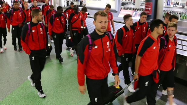 Liverpool players arriving in Brisbane. They will play Brisbane Roar on Friday night