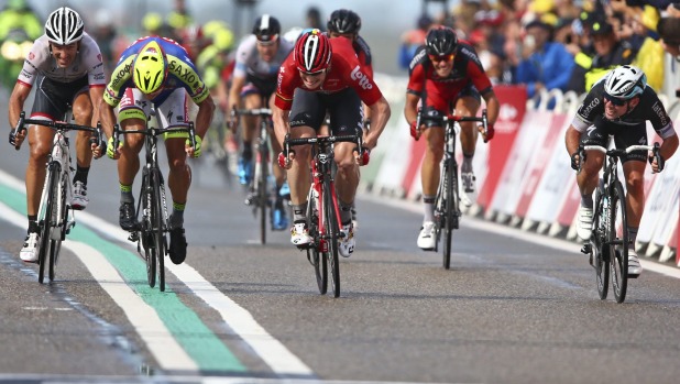 Mark Cavendish right looks across as he is beaten to the finish by Andre Greipel Peter Sagan and Fabian Cancellera