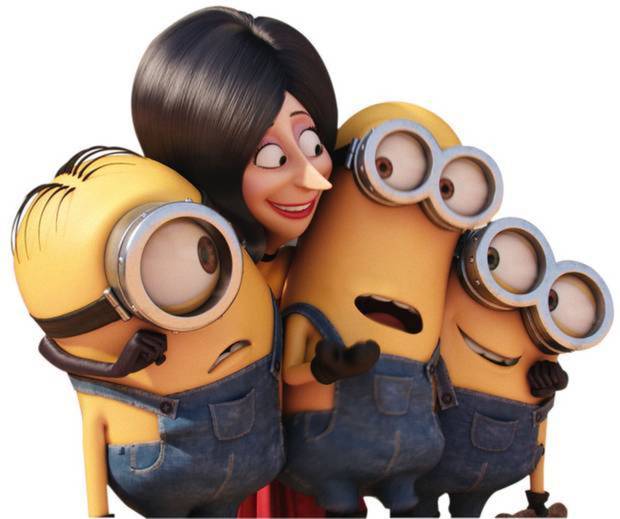 Scarlet Overkill voiced by Sandra Bullock second left appears with minions Stuart left Kevin and Bob right in a scene from the animated feature'Minions