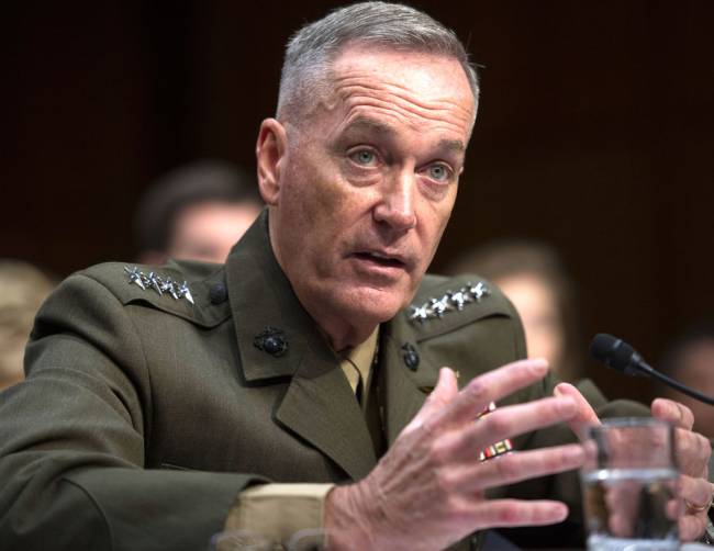 Marine Corps Commandant Gen. Joseph Dunford Jr. testifies during his Senate Armed Services Committee confirmation hearing to become the Chairman of the Joint Chiefs of Staff on Capitol Hill in Washington Thursday