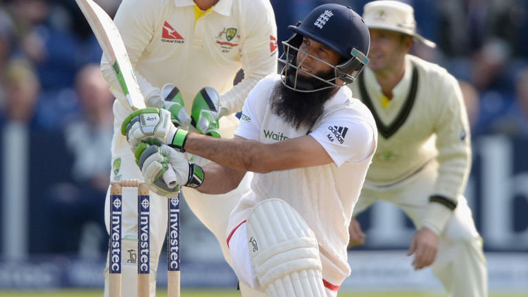 Moeen Ali hits a six for England during day one of the first Ashes Test against Australia