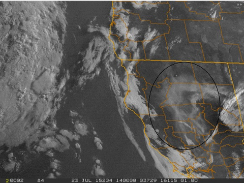 NASA satellite image showing smoke from Wragg Fire