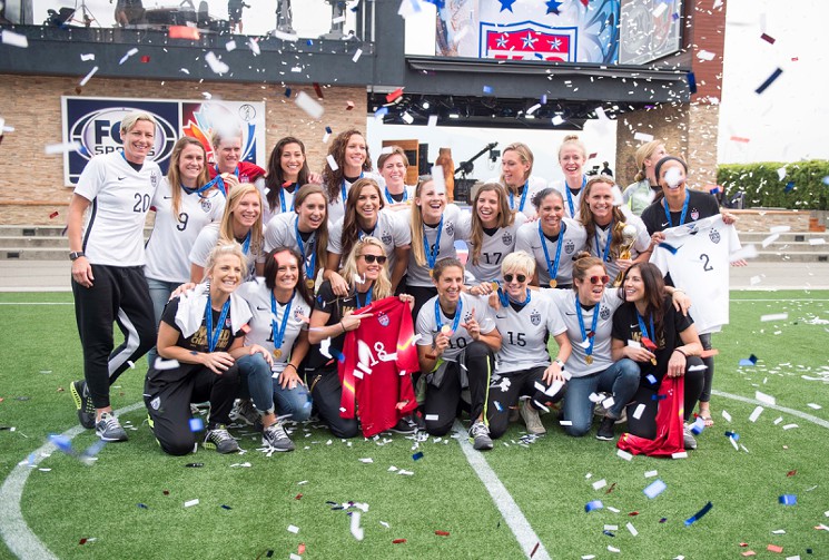 The U.S. Women's National Team celebrates their win at an event marking the debut of their new'three-star jerseys each for one of the team's World Cup wins