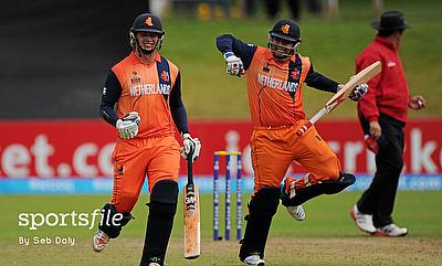 Netherlands players celebrating their victory over Namibia in the second Qualifying play-off in Dublin